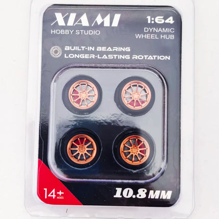1 Set 10.8mm 1/64 Model Car Wheels for HW Ball Bearing Tires with Brake Disc Caliper Axles Rims for 1:64 Toy Models Tomica JDM