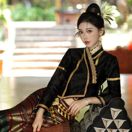 New Golden Alloy Leaf Crystal Flower Hairpin Hair Accessories for Women Thailand Ethnic Dance Party Decoration Headwear Jewelry