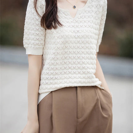 Women's T-shirt Summer New 100% Pure Cotton Tees Casual Solid Knitted Short sleeved V-neck Pullover Loose Tops Fashion Sweater