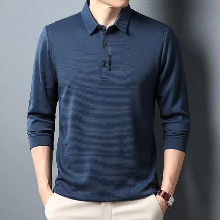 Men's Waffle Long-Sleeved Polo Shirt with Letter-Printed Lapel Casual Top