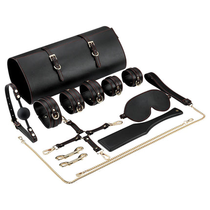 XXOO Erotic Tied Bondage Kits Sex Slave Restraint Set Ankle Cuffs Handcuff Collar Gag Whip Blindfold Genuine Leather Suit