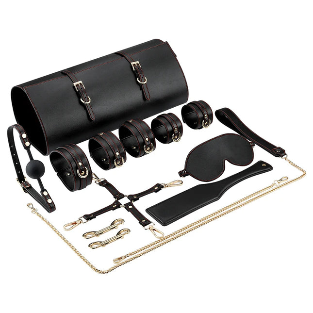 XXOO Erotic Tied Bondage Kits Sex Slave Restraint Set Ankle Cuffs Handcuff Collar Gag Whip Blindfold Genuine Leather Suit