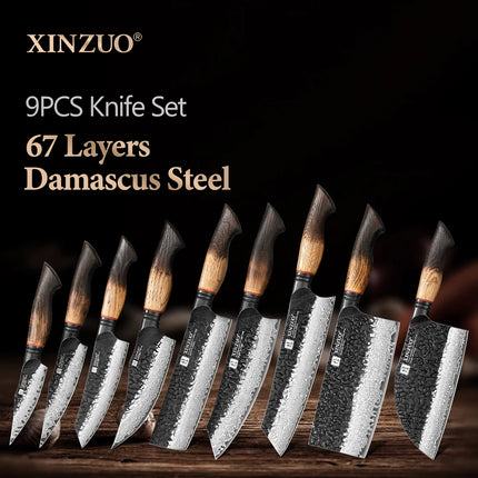 XINZUO 1-9 Piece Damascus Knife Set 67-Layer Steel Paring Utility Santoku Nakiri Cleaver Bunka White Oak Red G10 Handles
