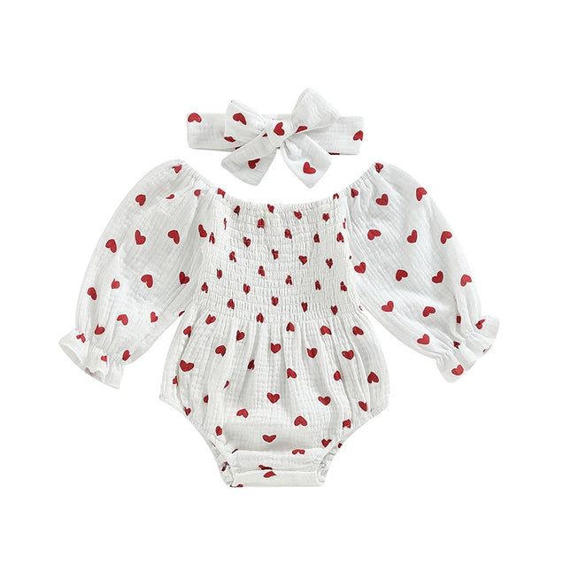 VISgogo Baby Girls Valentine's Day Romper Heart Print Long Sleeve Boat Neck Jumpsuits Infant Spring Fall Bodysuits with Headband