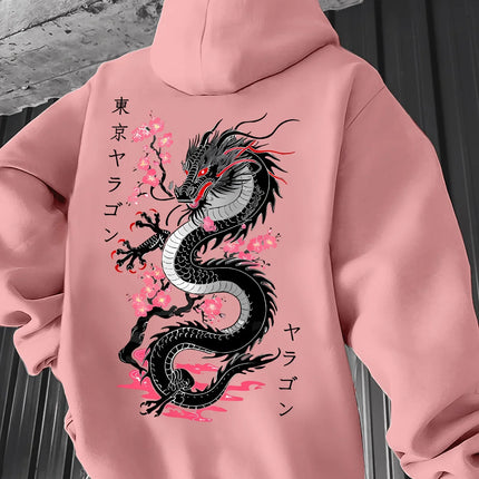 Autumn Winter Viral Korean Streetwear Double Sided Japanese Dragon Sakura Print Hoodie Y2K Eboy Oversized Long Sleeve Pullover
