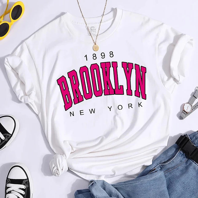 2024 New Summer Women T-Shirt 1898 Brooklyn New York Print Short Sleeve T-Shirts Warm Casual Streetwear Hip Hop Y2k Clothes Tops