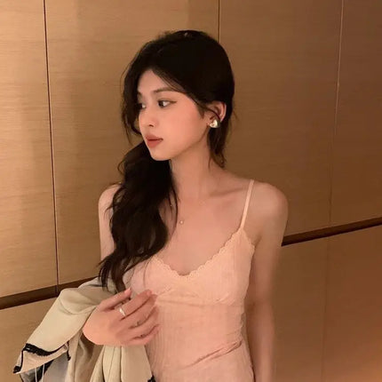 Pure Desire Lace Trim Camisole Tank Top with Chest Pad Summer Slimming Inner Wear Outerwear Beautiful Ba Boting Underwear