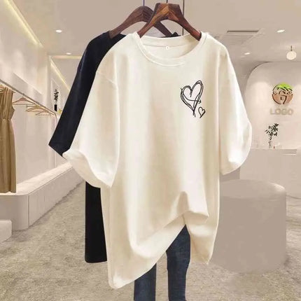 Summer 2025 New Elegant Love Print T-shirts Women Clothing Casual Loose Cotton Pullover Office Lady Basic Short Sleeve Top Tees