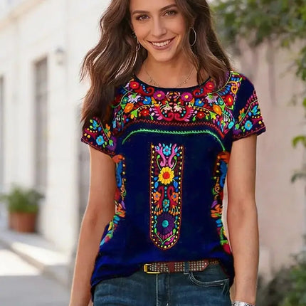 2026New European & American Women's Summer Collection | Bohemian Printed Crew Neck Short Sleeve T-Shirt