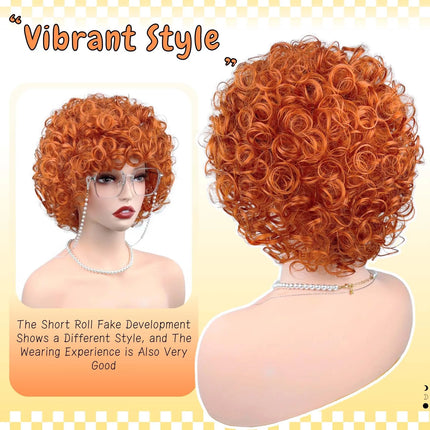 Adult Short Orange and Silver-Gray Curly Wig, Soft and Breathable, Heat-resistant Synthetic Fiber, Suitable for Daily Wear