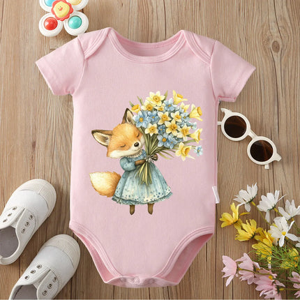 Retro Hello Spring Little Animals Pure Cotton Bodysuit Onesie Comfortable Cloths for Baby Jumpsuit for 0 To 12 Months Newborn