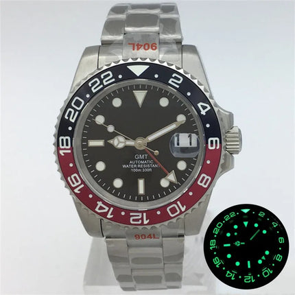 BLIGER 40mm NH34 GMT Watch For Men Mechanical Wristwatch Luminous Bezel Sapphire Glass Stainless Steel Bracelet Reloj Hombre