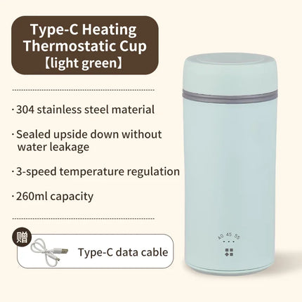 Type-C heating thermostatic cup USB car heating cup 55℃ 304 stainless steel electric cup