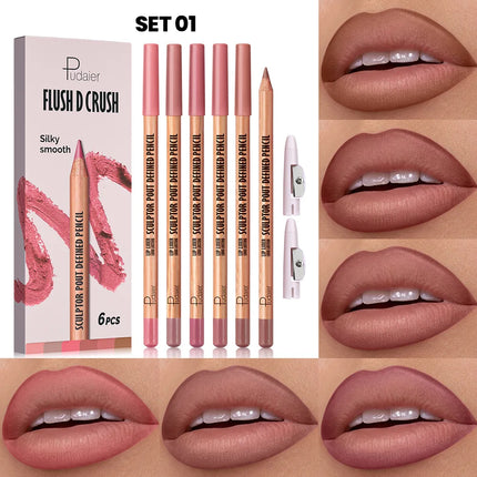 6Pcs Waterproof Lip Liner Set - Water-Resistant, Matte Finish Crayon Lip Pencils Non-Smudging & Easy-to-Apply with Sharpener