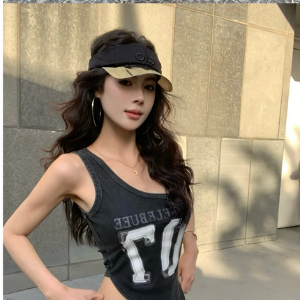 American High Street Hot Girl Slanted Collar Off-Shoulder Irregular Letter Print Camisole Vest Women's Retro Slit Top Y2K 2000s