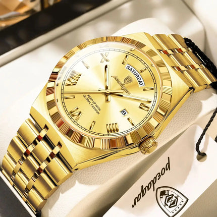 POEDAGAR Business Man Watch Week Date Waterproof Luminous Original Watches For Men Stainless Steel Men's Quartz Wristwatch Reloj