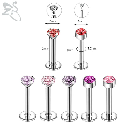 ZS 6-13PCS/LOT 16G Stainless Steel Lip Labret Piercing Set Crystal Monroe Lip Stud Ear Tragus Helix Cartilage Piercing 6/8/10mm