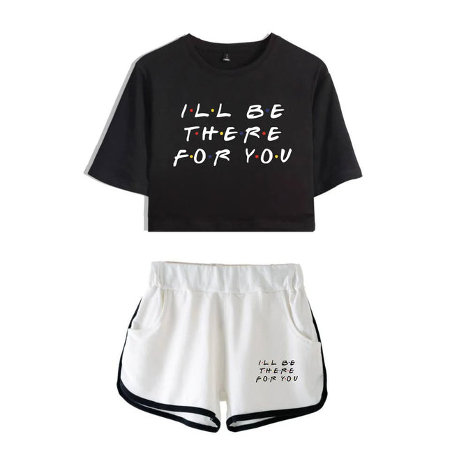 Fashion Youthful Trendy Show I'll Be There for You Short Sleeve Shorts + Lovely T-shirts Dew Navel Girl Suits Two Piece Set