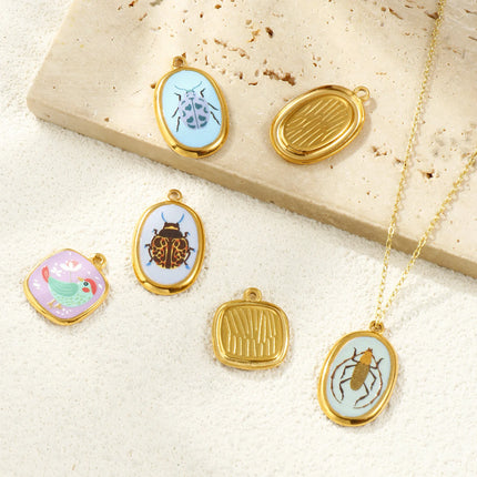 2 Pcs 304 Stainless Steel Insect Charms Oval Printed Ladybug Beetle Bird Butterfly 18K Gold Plated Pendants For DIY Necklace