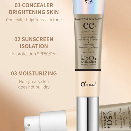 Ocheal 30g CC Cream Foundation Waterproff Concealer Moisturizing Sunscreen Liquid SPF 50+ Long Lasting Brightening Makeup Primer