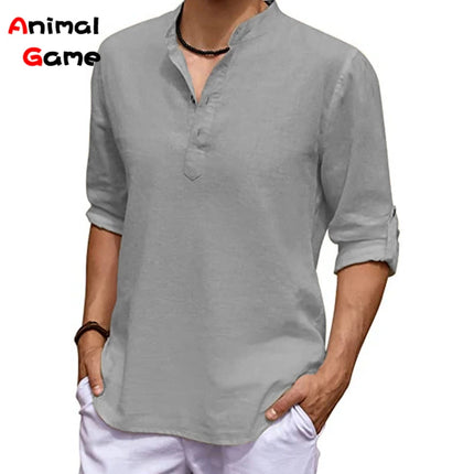 New Men's Linen Long Sleeve V-neck T Shirt Solid Color Oversize Casual Shirt Cotton Shirt Plus Size Yoga Button Shirts for Men