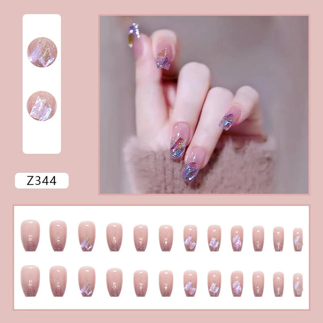 Sparkling Diamond 24 Pcs Press on Nails Pink Nail polish Glossy Artificial Finger Manicure Reusable False Nails