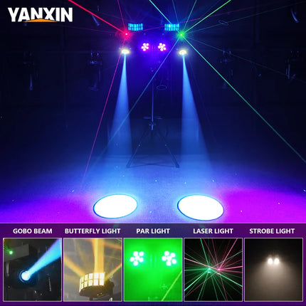 300W Multi-Effect Stage Light 5-in-1 LED Laser Strobe Butterfly Flood Light DMX Voice Control for DJ Disco Party Wedding Club