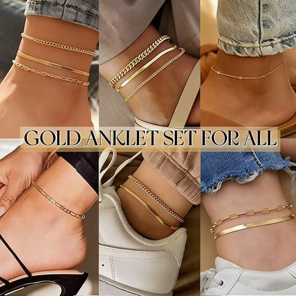 Women's golden ankle bracelet, 14k gold plated waterproof Cuban chain bracelet set, layered bracelet, adjustable size（5pcs）