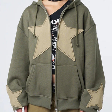 Y2K Vintage Star Print Hooded Hoodie for Women Casual Loose Long Sleeve Zip Up Drawstring Sweatshirts Autumn Spring Coat Street