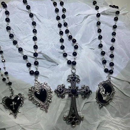 Vintage Gothic Bat Cross Dark Pendant Necklace Y2K Personalized Thorn Love Black Bead Stacked Necklace Suitable Halloween Gifts