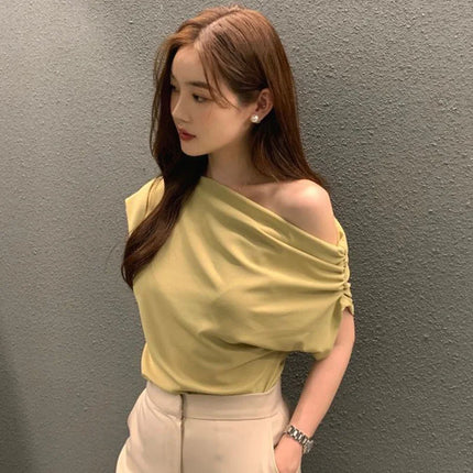 Korean Chic Summer French Asymmetrical Shoulder Design Loose Solid Color Overhead Short Sleeve T-Shirt Women's Trendy Style