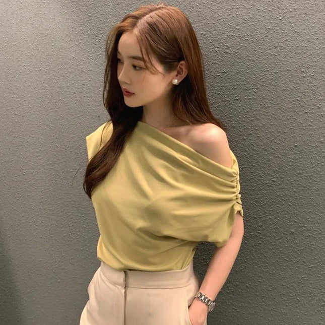 Korean Chic Summer French Asymmetrical Shoulder Design Loose Solid Color Overhead Short Sleeve T-Shirt Women's Trendy Style