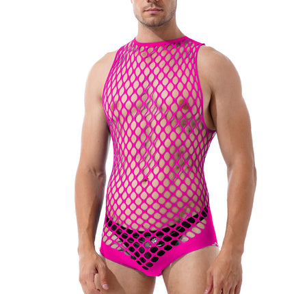 Male Sexy Lingerie Men's Fishnet Bodysuit Hollow Out Underwear Mesh Sleeveless Bandage Jumpsuit Guy Erotic Party Night Club Wear