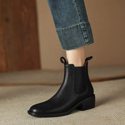 Krazing Pot Big Size 34-43 Cow Leather Round Toe High Heels Retro Modern Chelsea Boots Warm Winter Shoes Motorcycles Ankle Boots