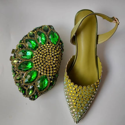 INSIGHTLINK Luxury Olive Green Rhinestones Women's Shoe and Bag Set for Party Wedding Crystals Heeled Pumps and Handbag Sandals