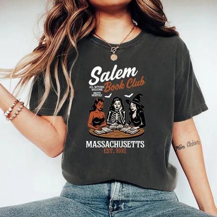 Witchy Book Club T-Shirt Spooky Girl Reading T-shirt Book Lover Halloween T-shirt Casual Women Graphic T-shirts Witches Salem Tee