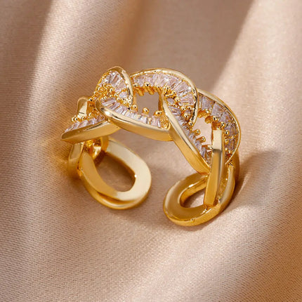 Gold Plated Stainless Steel Crystal Rings For Women Chain Geometry Zircon Finger Ring Jewelry Gift anillos mujer 2025 New Trendy