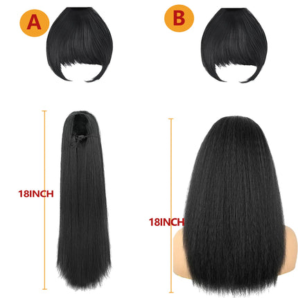 Yaki Straight Clip-In Ponytail Extension with Bangs for - Heat-Resistant Synthetic Hairpiece, Looking Drawstring Ponytails