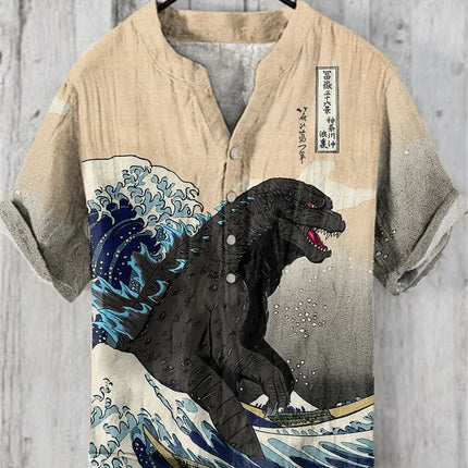 Popular European and American short-sleeved wave pattern men's shirts, stand-up collar shirts, Hawaiian shirts, men's vacation shirts