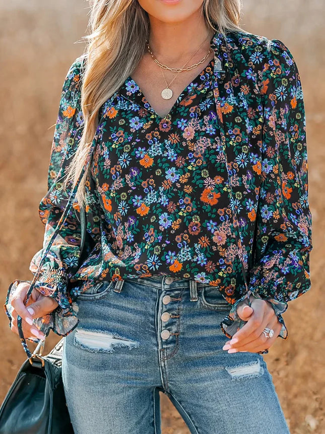 Plus Size Women's Shirt, Floral Print V-Neck, Long Sleeves with Ruffles, Casual Resort Style, Suitable for All Seasons