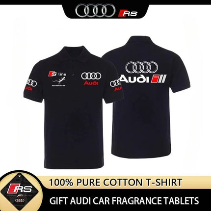 Audi's line men's crew neck polo shirt printed casual sports 2025 summer pure cotton breathable fit comfortable