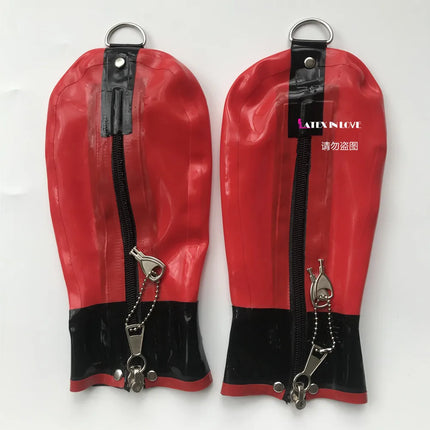 Lockable Zip Latex Bondage Mittens Fetish Hand Boxing Gloves Tight Clasp D-ring