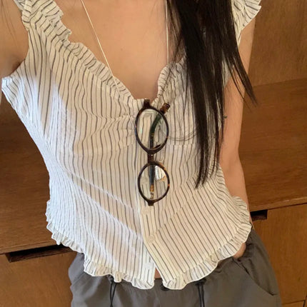 Korean Sle ort Striped Vest Women Summer Outerwear Subtle Design Single Button Lobone Trendy Age-Defng Top