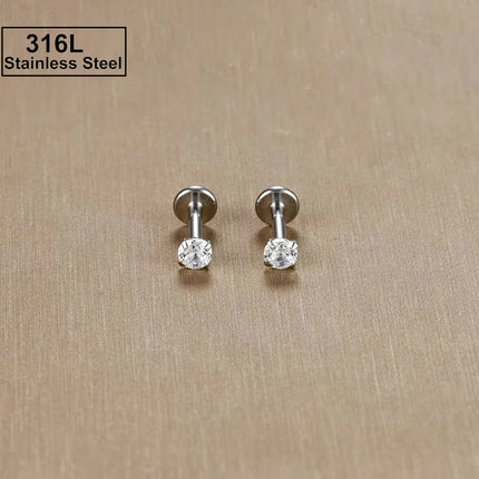 2PC Labret Tragus Stud Earrings 16G Surgical Stainless Steel CZ Crystal Monroe Helix Cartilage Conch Medusa Lip Body Piercing