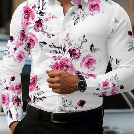 2026 Men's Fashion Red Rose Print Long-Sleeve Shirt, Stylish Casual Design, Spring/Autumn Casual Shirt, Sizes XS-6XL