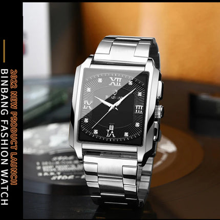 BINBOND Luxury Quartz Watch for Men Golden Square Large Dial 30M Waterproof Leather Strap Wrist Watches Date Display Men's Watch