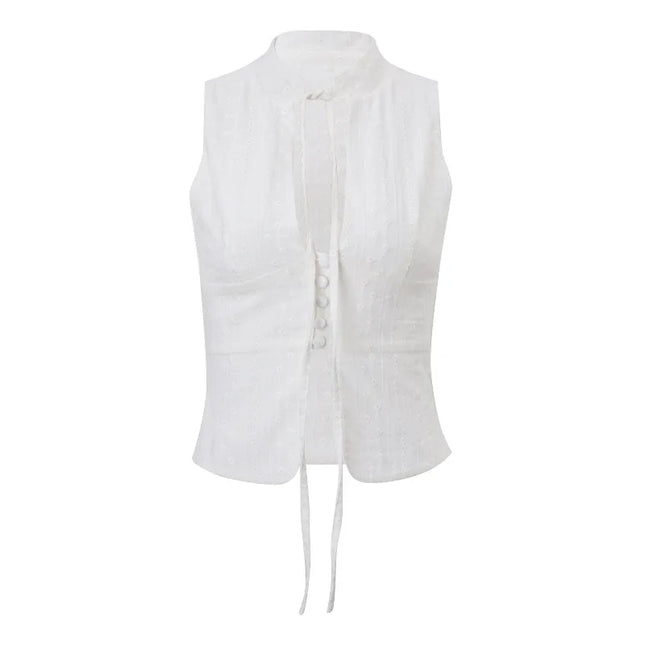 Lamuusaa y2k Tank Top Women Summer Clothes White Flower Embroidery Mock Neck Front Cutout Sleeveless T Shirt Vest Streetwear