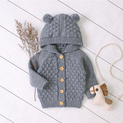 0-24months Baby Boys And Girls Solid Color Sweater Coat Long Sleeve Thermal Hooded Knitted Sweater For Infant