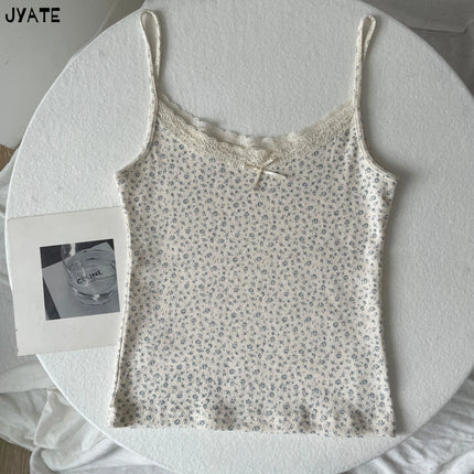 Sweet Floral Print Eyelet Bow Cropped Vests Women Cotton Casual Slim Lace Trim Tank Tops Vintage Preppy Style Cute Camisole Y2K