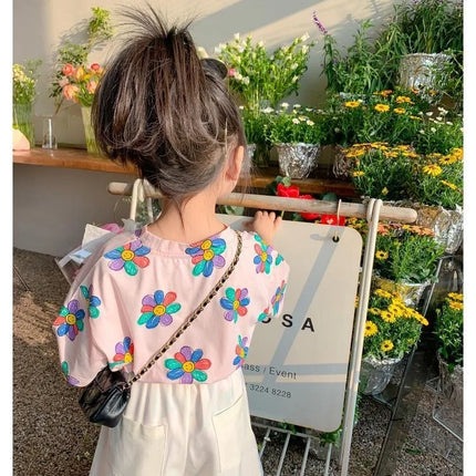 1pcs Summer Kids Flower Print Tops Clothes Girls Korean Style Shirt Children Short Sleeve T-shirts Child Casual Comfort T Shirs